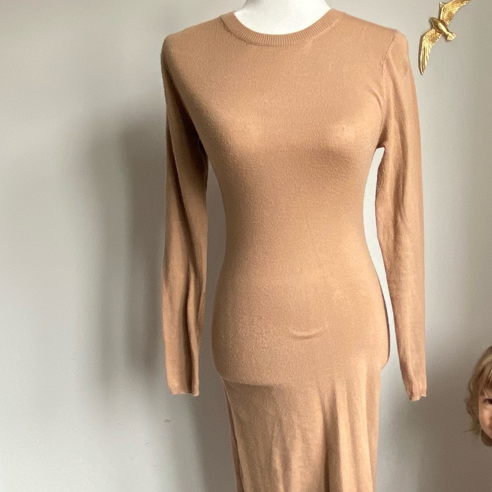 Long Sleeve Camel Knit Midi Dress
